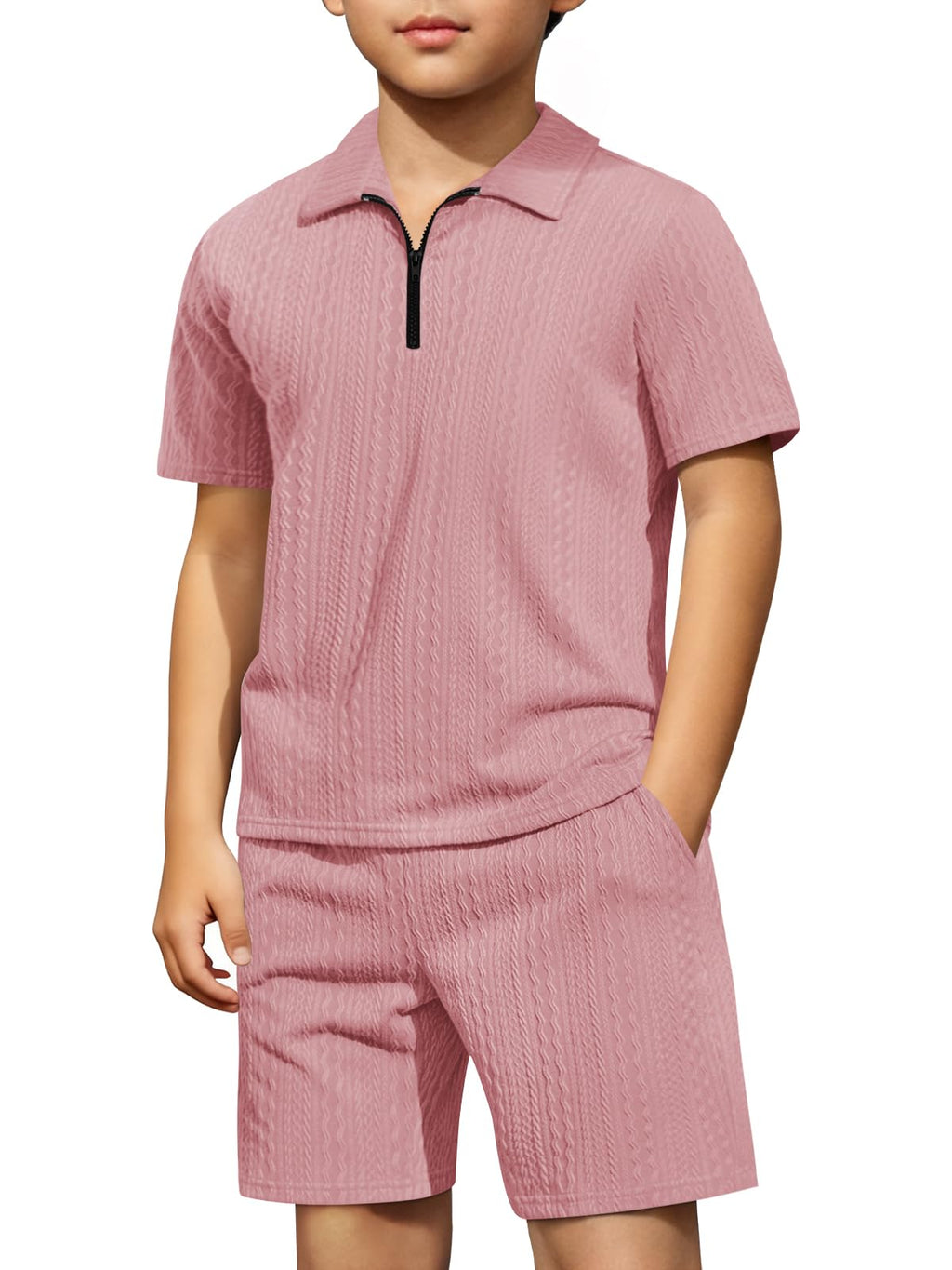 Haloumoning Boys 2 Piece Summer Outfits Kids Quarter Zip Polo Shirt and Shorts Set Athletic Tracksuit 5-14 Years