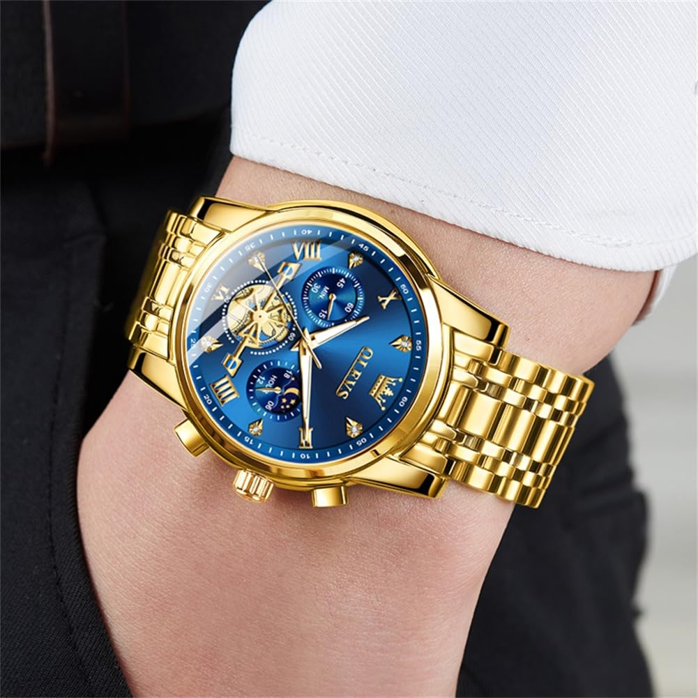 OLEVS Watches Men Waterproof Luxury Big Face Mens Watch Stainless Steel Quartz Analog Dress Watches for Men Luminous Multifunction Man Watch Relojes De Hombre