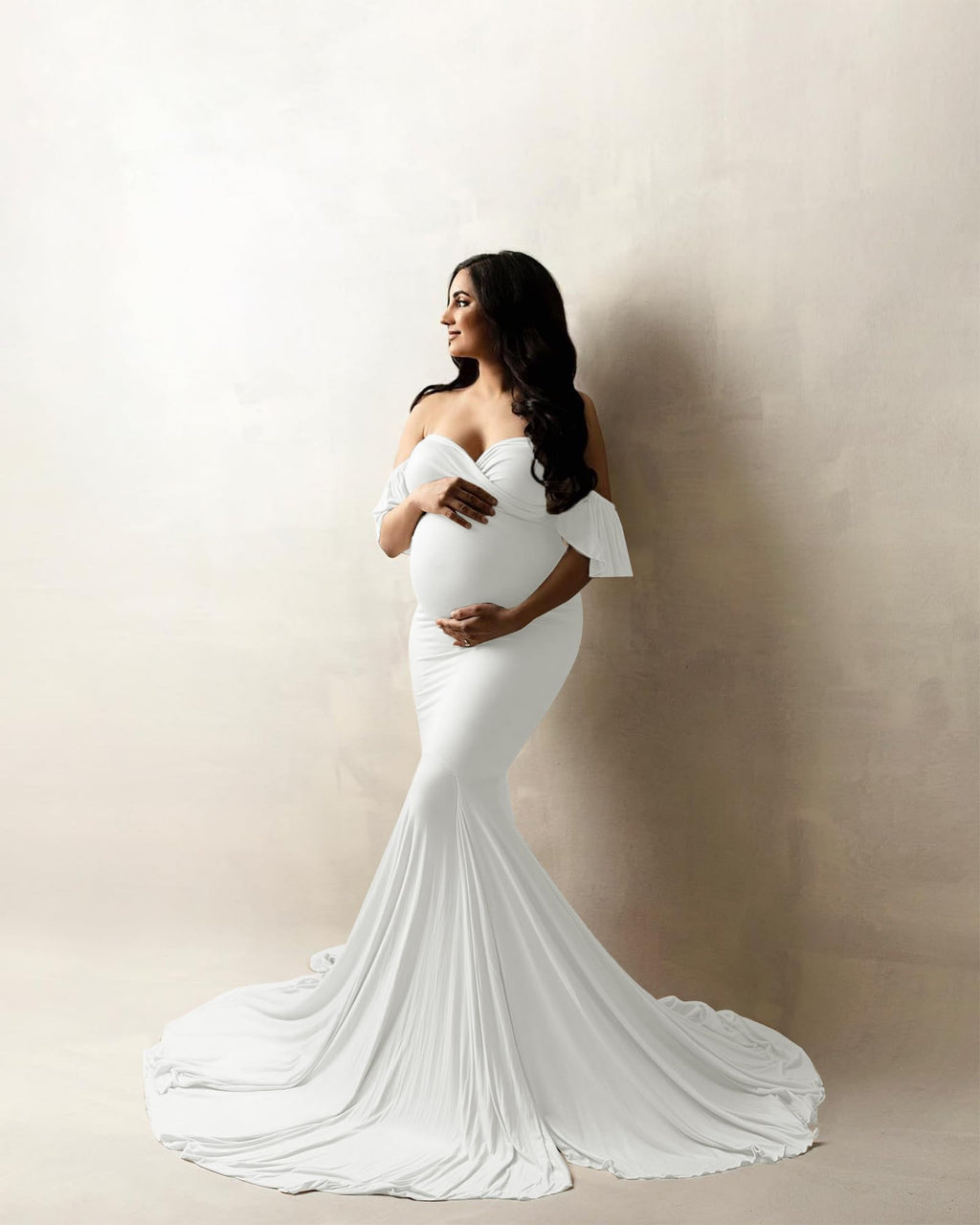 Saslax Off Shoulder Ruffle Sleeves Elegant Fitted Maxi Maternity Dress for Photoshoot Baby Shower