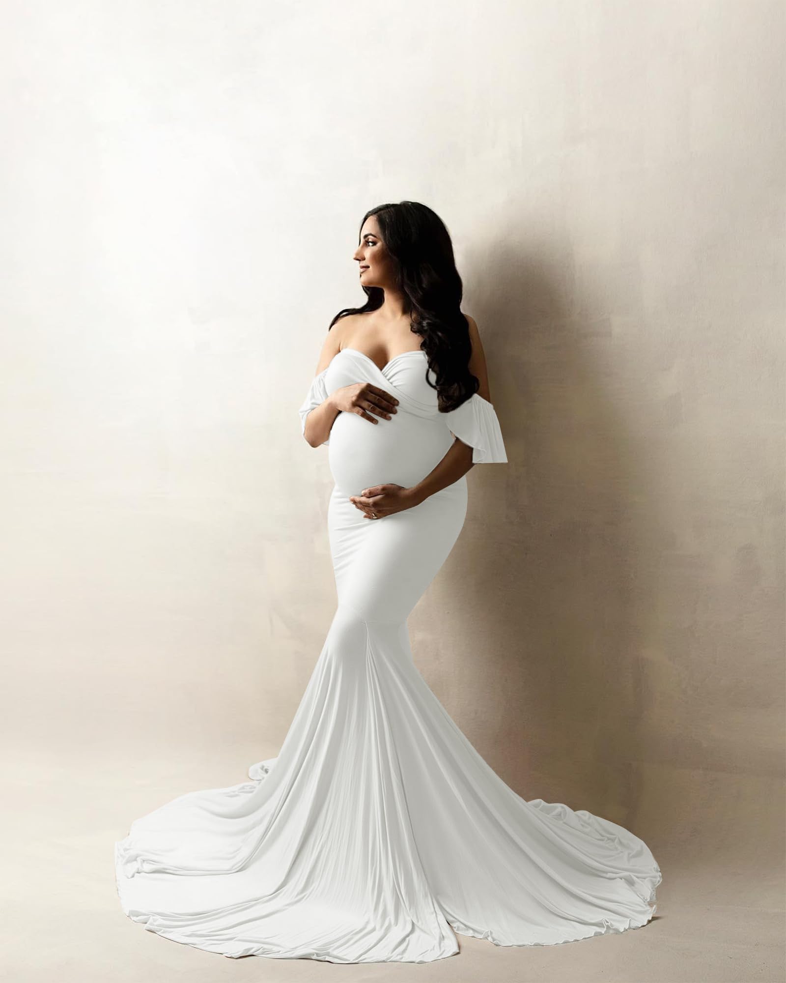 Saslax Off Shoulder Ruffle Sleeves Elegant Fitted Maxi Maternity Dress for Photoshoot Baby Shower