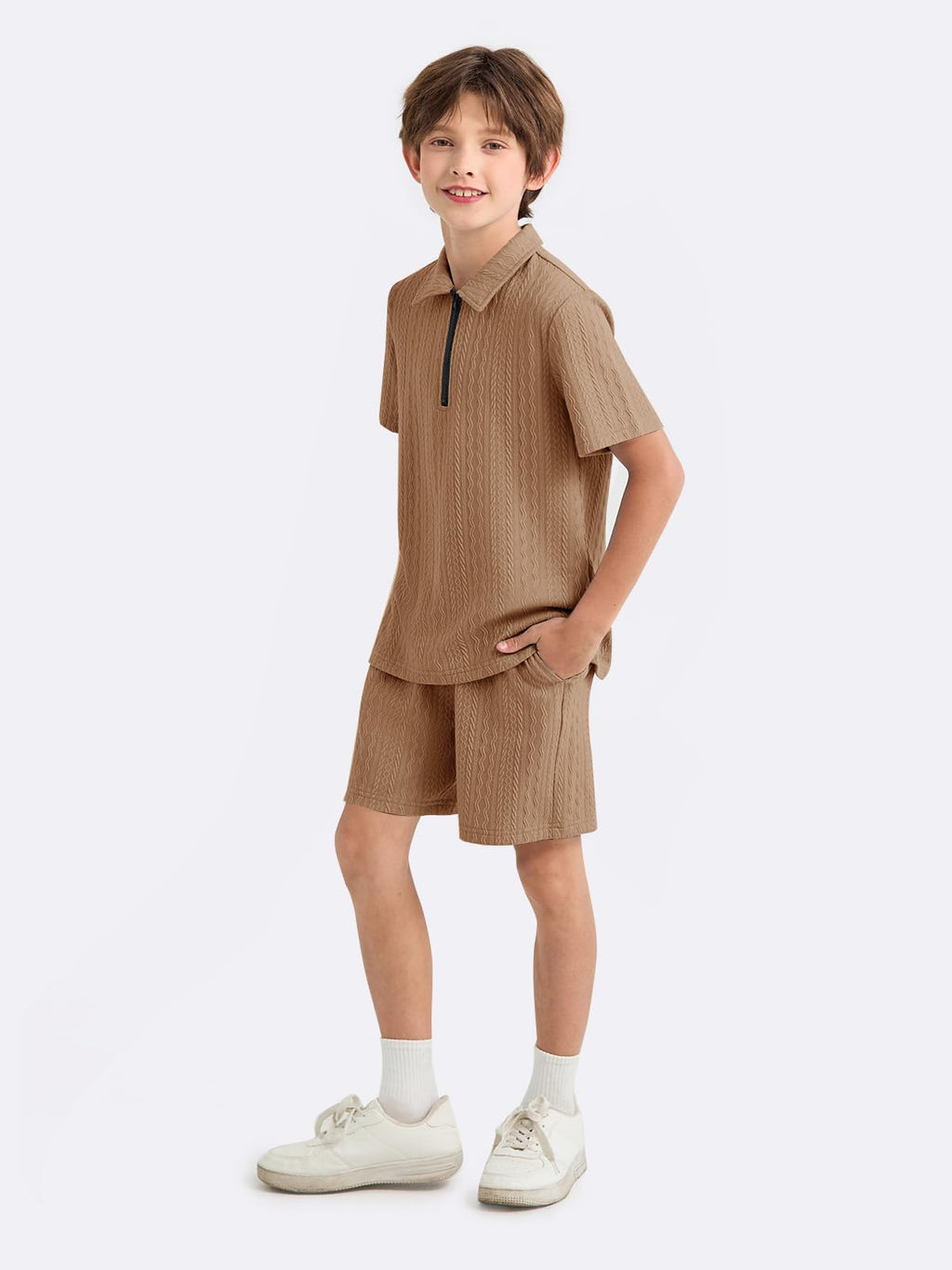 Haloumoning Boys 2 Piece Summer Outfits Kids Quarter Zip Polo Shirt and Shorts Set Athletic Tracksuit 5-14 Years