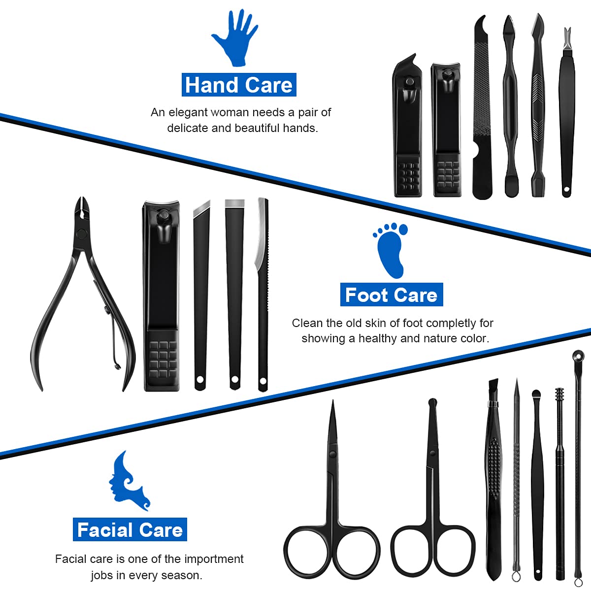 Professional Stainless Steel Nail Clipper Travel & Grooming Kit Nail Tools Manicure & Pedicure Set of 15pcs with Luxurious Case (Black/Yellow)