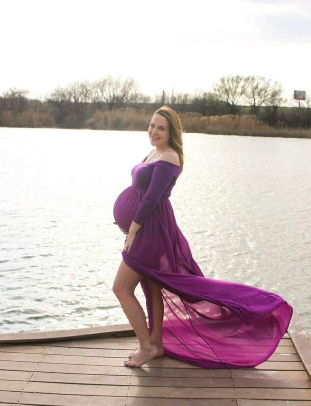 ZIUMUDY Maternity Maxi Chiffon Photography Dress Split Front Gown for Photoshoot
