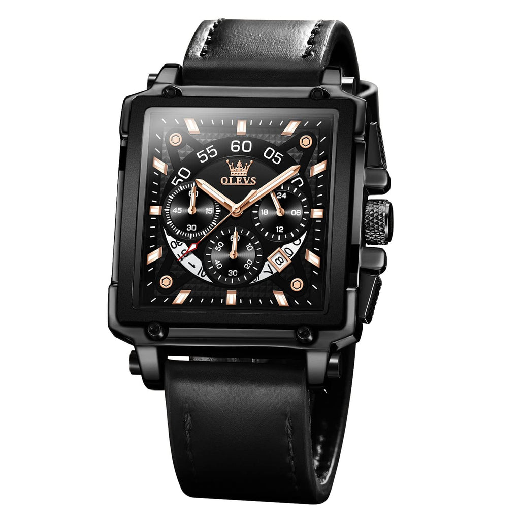 OLEVS Men's Casual Leather Watch, Big Face Chronograph Watch for Men, Fashion Easy to Read Dress Watch, Men's Waterproof Luminous Date Analog Watch, Gold/Black/White/Blue Dial