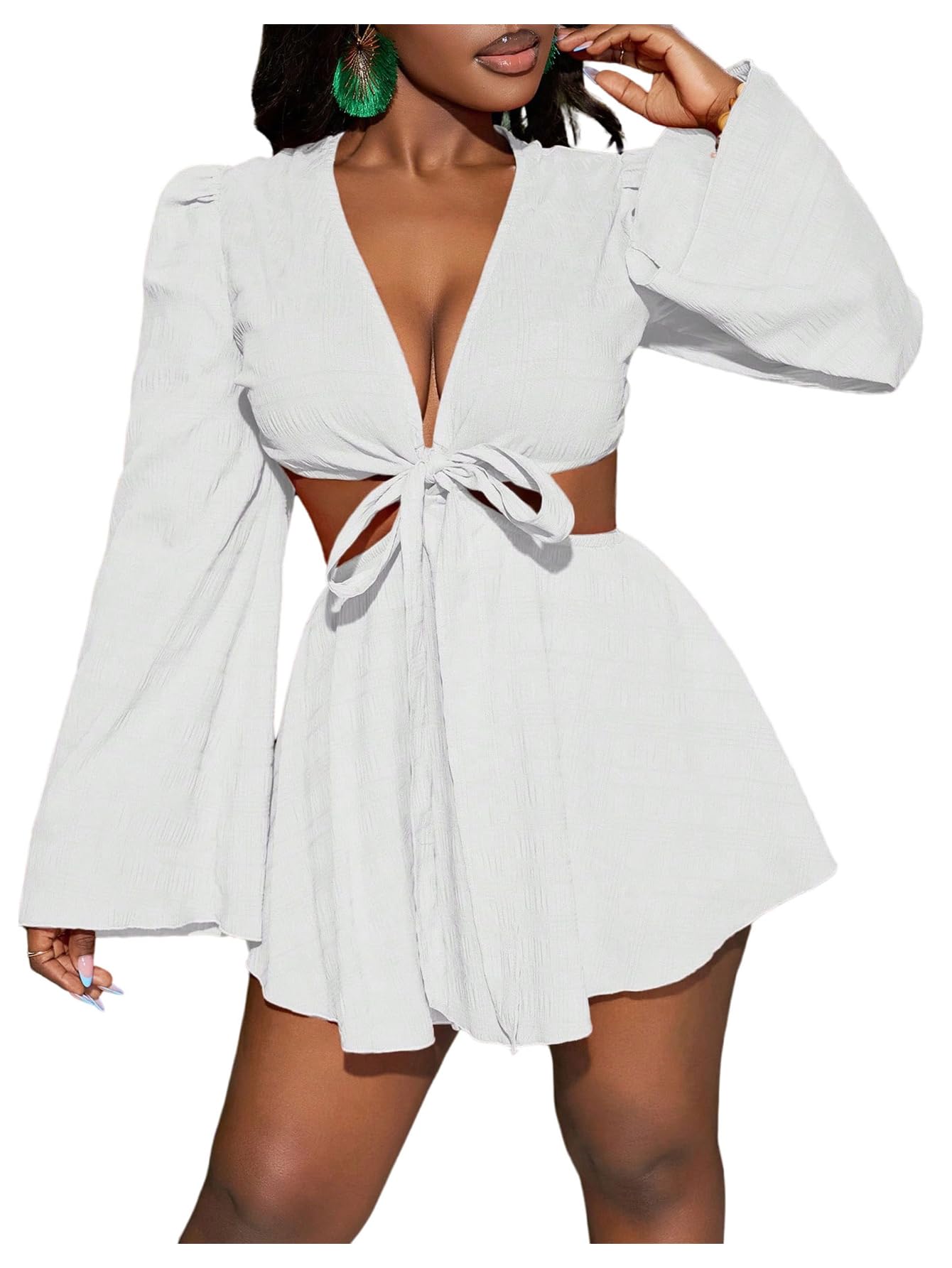 BEAUDRM Women's Tropical Dresses Summer Dress Vacation Beach Sundresses Sexy Long Bell Sleeve Two Piece Vacation Outfits