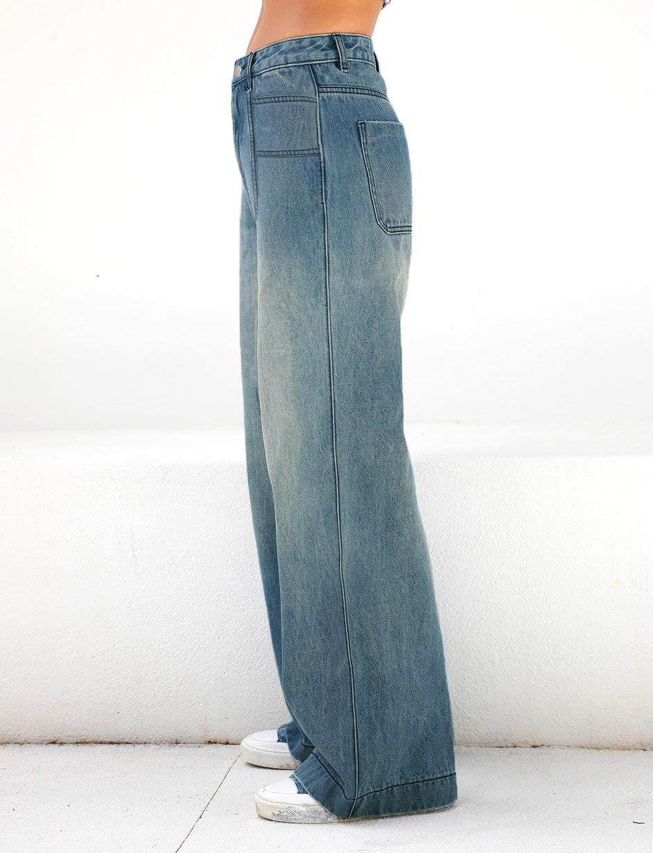 EMMIOL Women Baggy Jeans Mid-Low Waist Boyfriend Streetwear Vintage Jeans Wide Leg Denim Pants