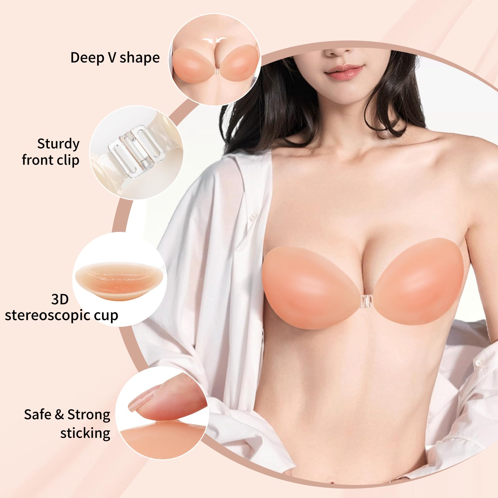 Adhesive Bra for Women Sticky Silicone Invisible Push up Bra,4 Pairs Adhesive Bras & 4 Pairs Nipple Covers