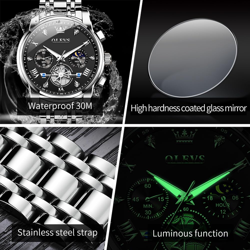 OLEVS Watches Men Waterproof Luxury Big Face Mens Watch Stainless Steel Quartz Analog Dress Watches for Men Luminous Multifunction Man Watch Relojes De Hombre