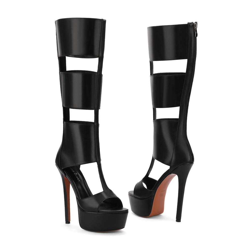 FancyQueen Platform Knee High Sandals for Women, Gladiator Open Toe Summer Booties Black Heels Sandal Boots, Sexy Style Casual for Party