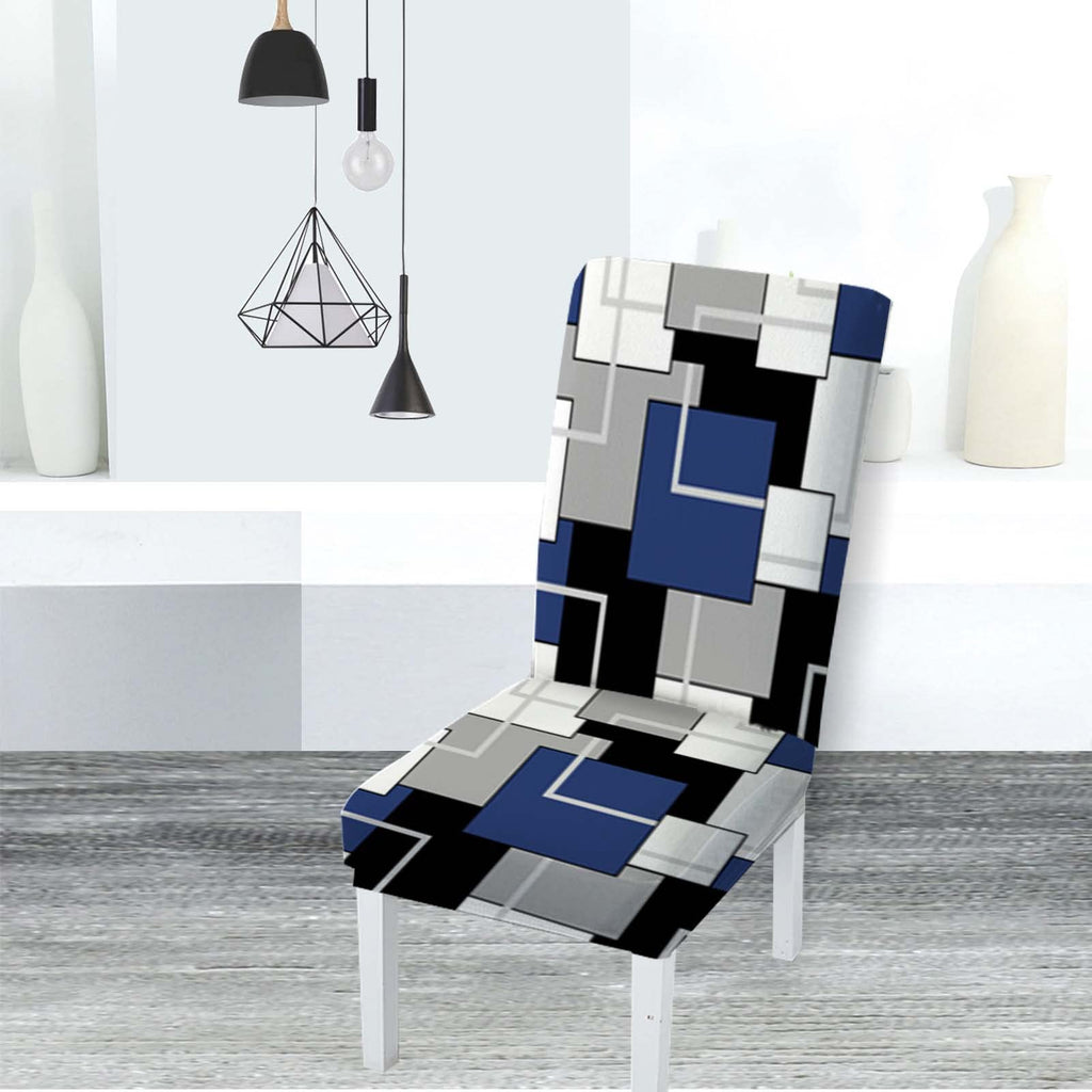 MCALK Geometric Navy Blue Chair Covers Set of 4 and Table Runner,Stretch Navy Blue Chair Slipcovers for Kitchen,Washable Removable Chair Protector Modern Chair Covers for Dining Room