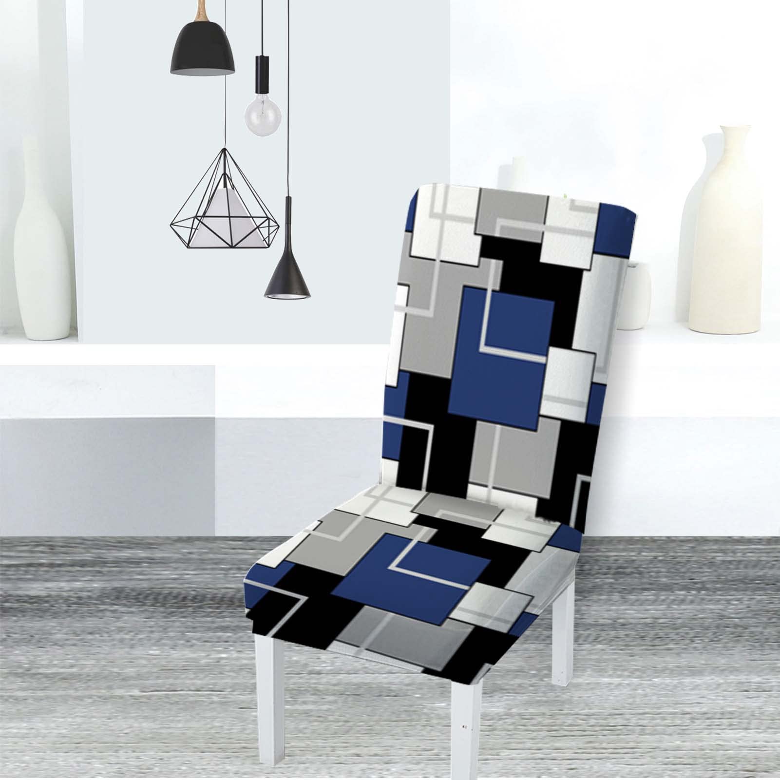 MCALK Geometric Navy Blue Chair Covers Set of 4 and Table Runner,Stretch Navy Blue Chair Slipcovers for Kitchen,Washable Removable Chair Protector Modern Chair Covers for Dining Room
