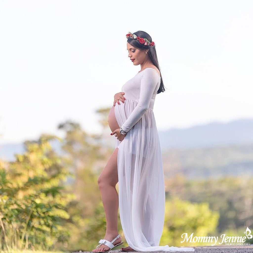 Mommy Jennie Maternity Dress Off Shoulder Long Sleeve Split Front Chiffon Gown for Photoshoot