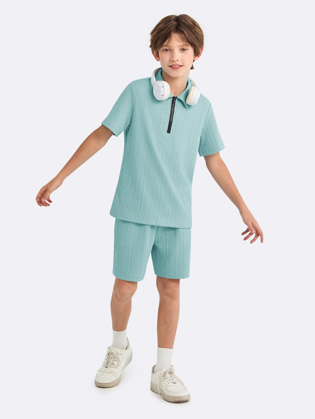Haloumoning Boys 2 Piece Summer Outfits Kids Quarter Zip Polo Shirt and Shorts Set Athletic Tracksuit 5-14 Years