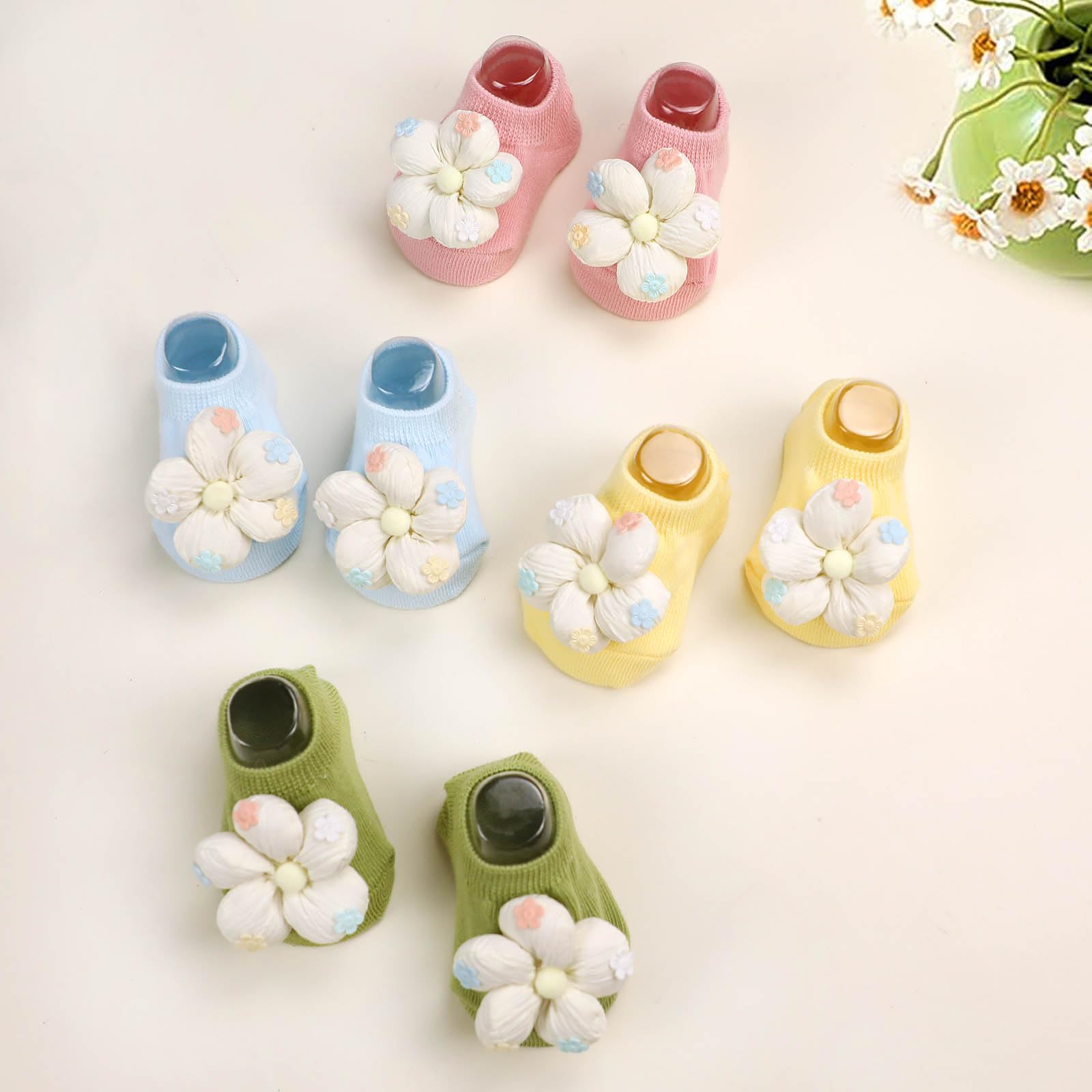 KEAINVRN 4Packs Baby Girls Socks,Flower Non-Slip Grips for Babies Toddler Princess Low Cut Ankle Socks for Girls