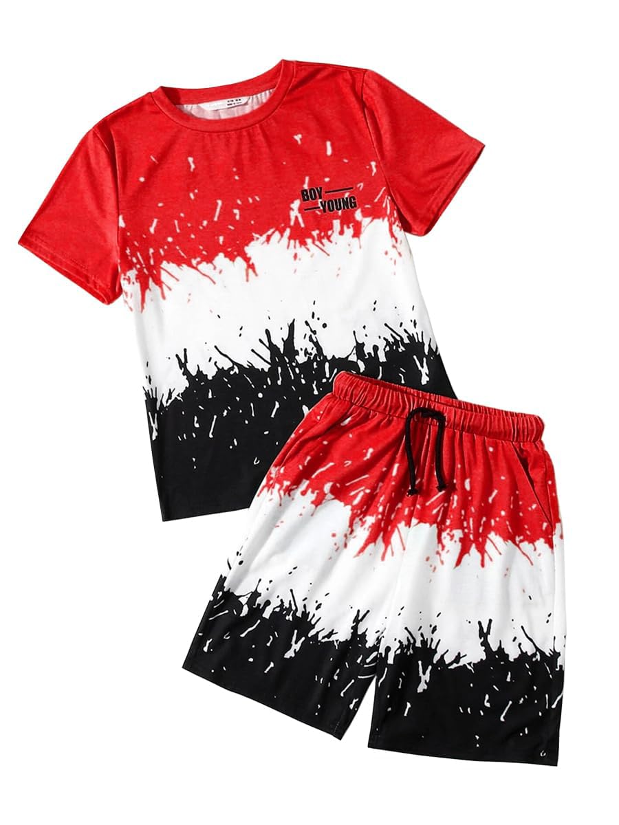 Kids Tween Boy Casual Clothing Set Letter Graphic Colorblock Tee +Shorts Summer Clothing Set 4-14 Years