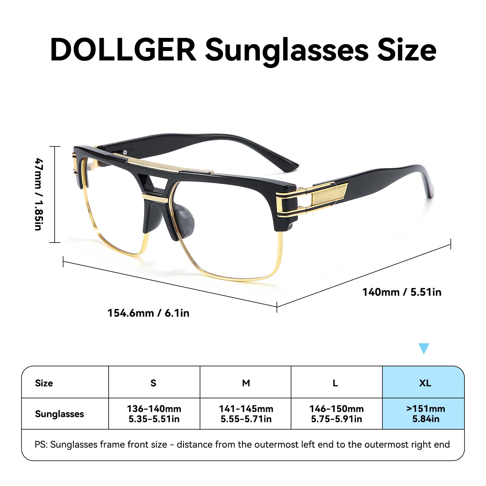 Dollger Square Sunglasses for Men Classic Oversized Sun Glasses Retro Semi Rimless Gold Alloy Frame UV400