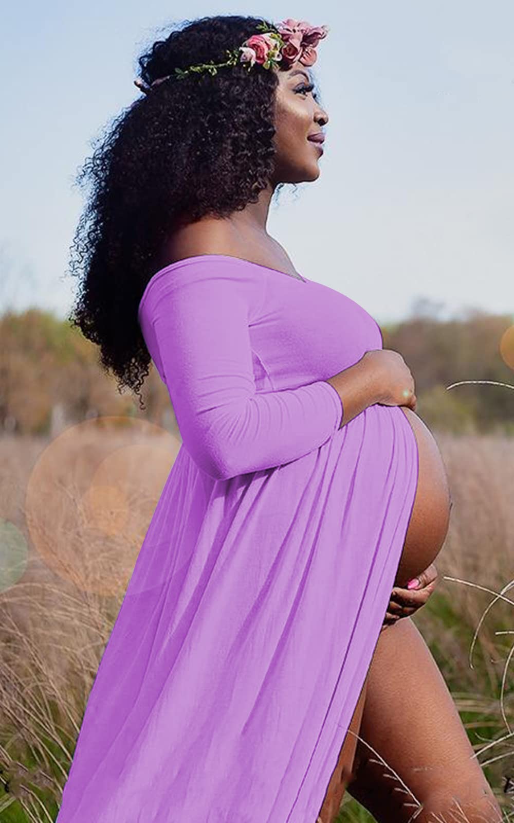 Mommy Jennie Maternity Dress Off Shoulder Long Sleeve Split Front Chiffon Gown for Photoshoot