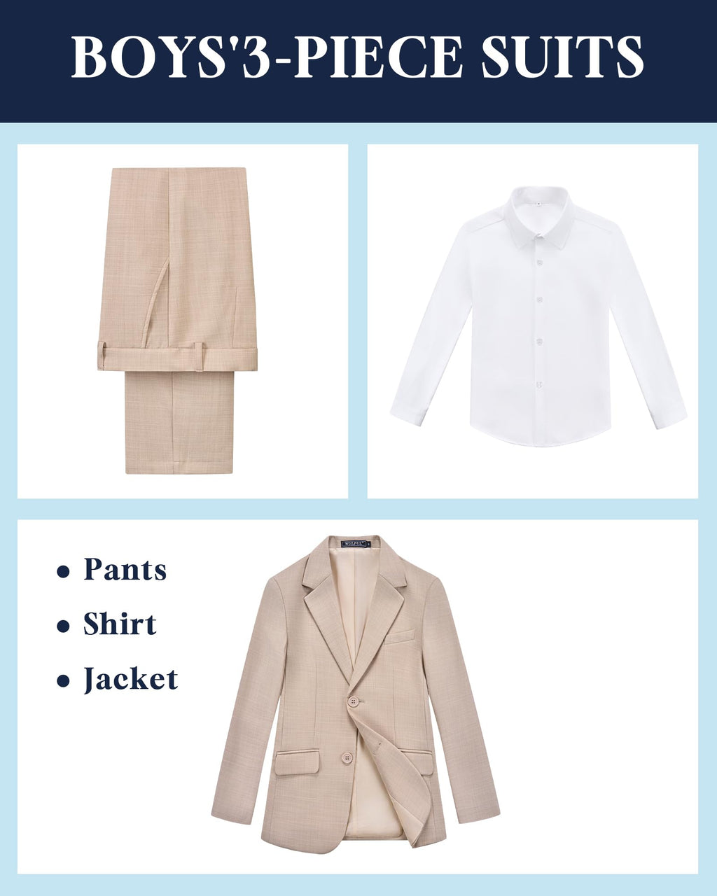 WULFUL Boys' Slim Fit Suit 3 Pieces:Jacket, Pants, Shirt,Summer Suit Set for Teens Boys Wedding Beach