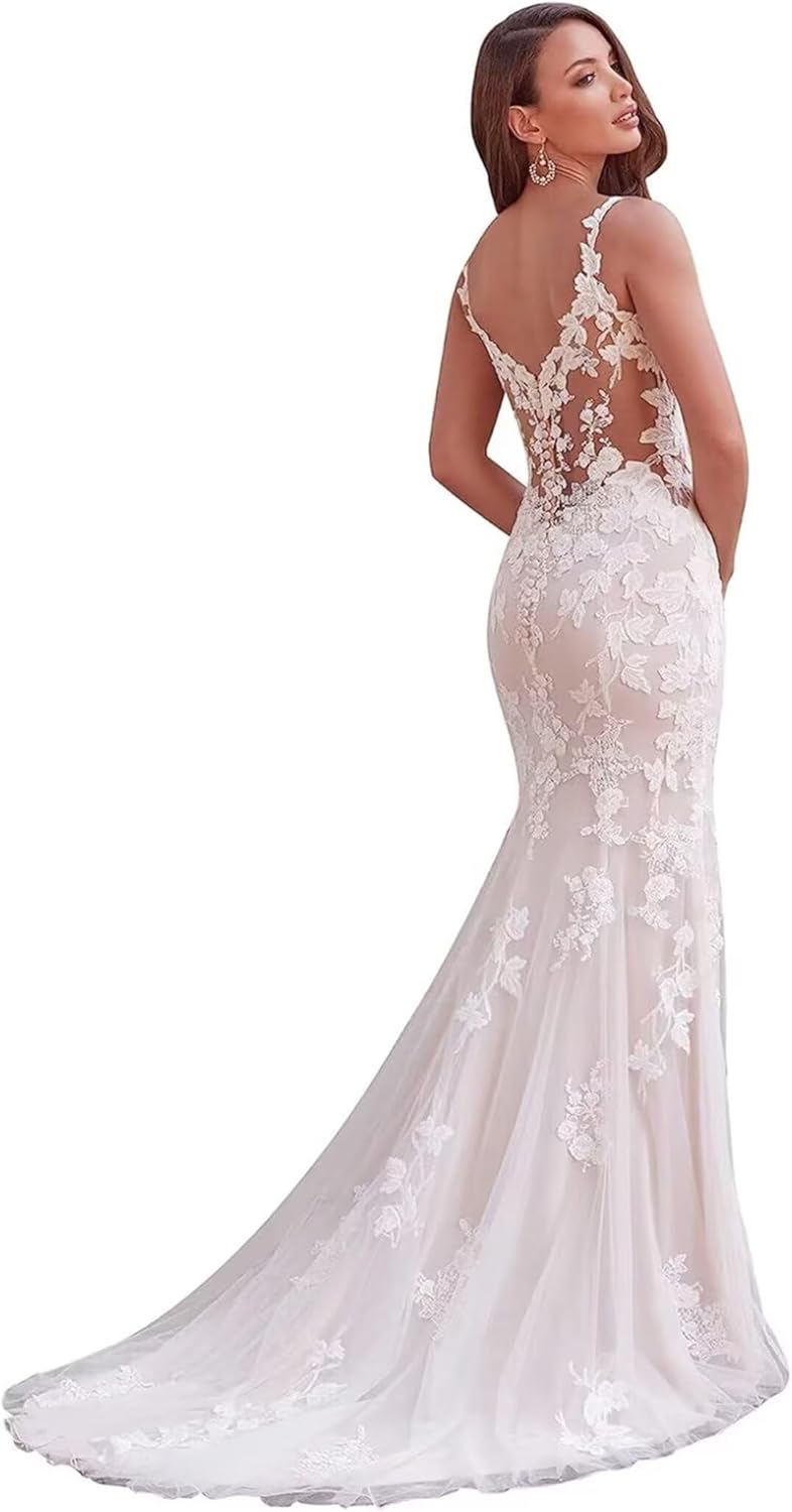 Lace Wedding Dresses for Bride Mermaid V Neck Boho Beach Bridal Gowns with Train BOF30