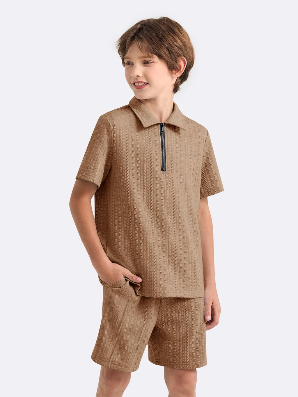Haloumoning Boys 2 Piece Summer Outfits Kids Quarter Zip Polo Shirt and Shorts Set Athletic Tracksuit 5-14 Years