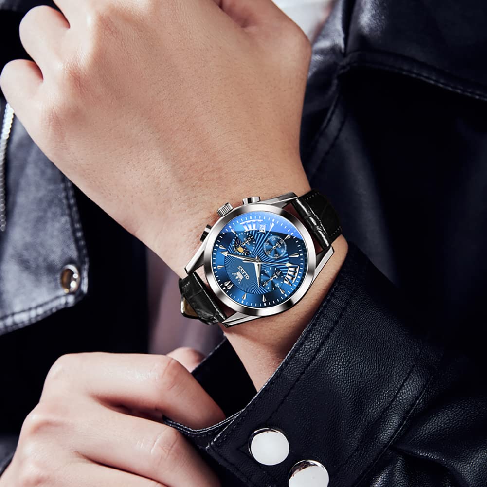 OLEVS Men's Casual Leather Watch, Big Face Chronograph Watch for Men, Fashion Easy to Read Dress Watch, Men's Waterproof Luminous Date Analog Watch, Gold/Black/White/Blue Dial