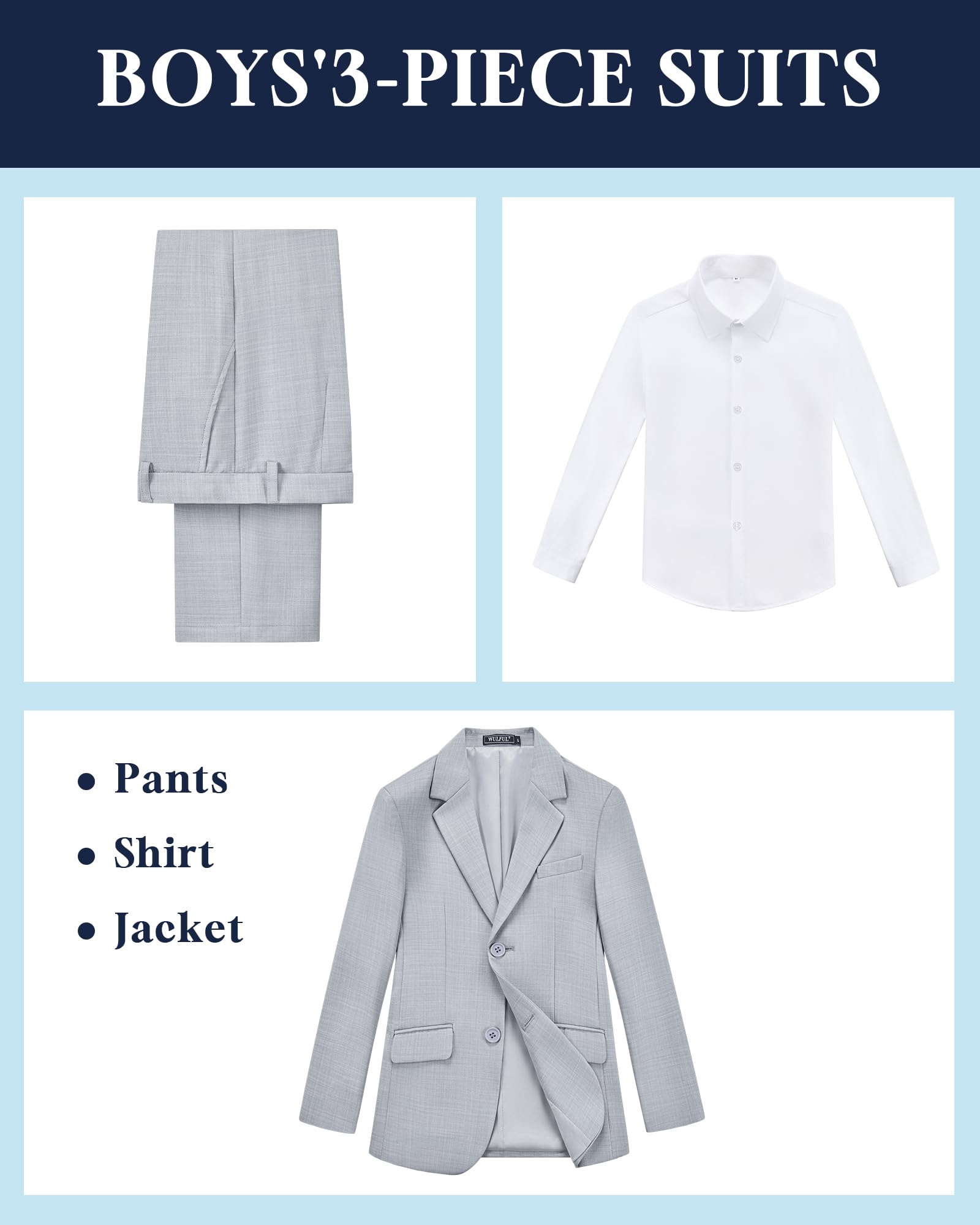 WULFUL Boys' Slim Fit Suit 3 Pieces:Jacket, Pants, Shirt,Summer Suit Set for Teens Boys Wedding Beach