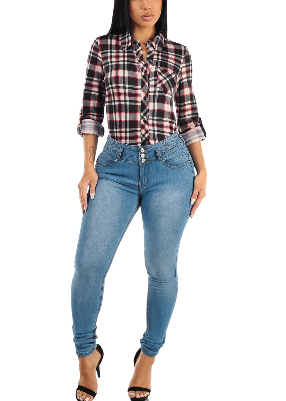 Moda Xpress Womens Juniors High Rise Butt Lifting Stretch Skinny Jeans Sculpting Slim Fit Denim Everyday Wear
