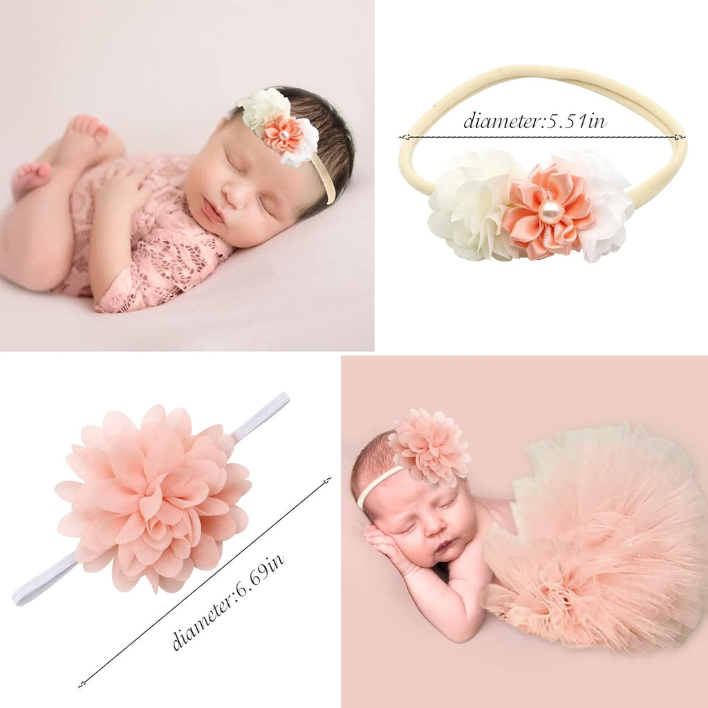 4 PCS Newborn Photography Props Outfits-BabyTutu Skirt Cute Bow Headdress and Lace Rompers Flower Headband Sets for Infants Girl Boy