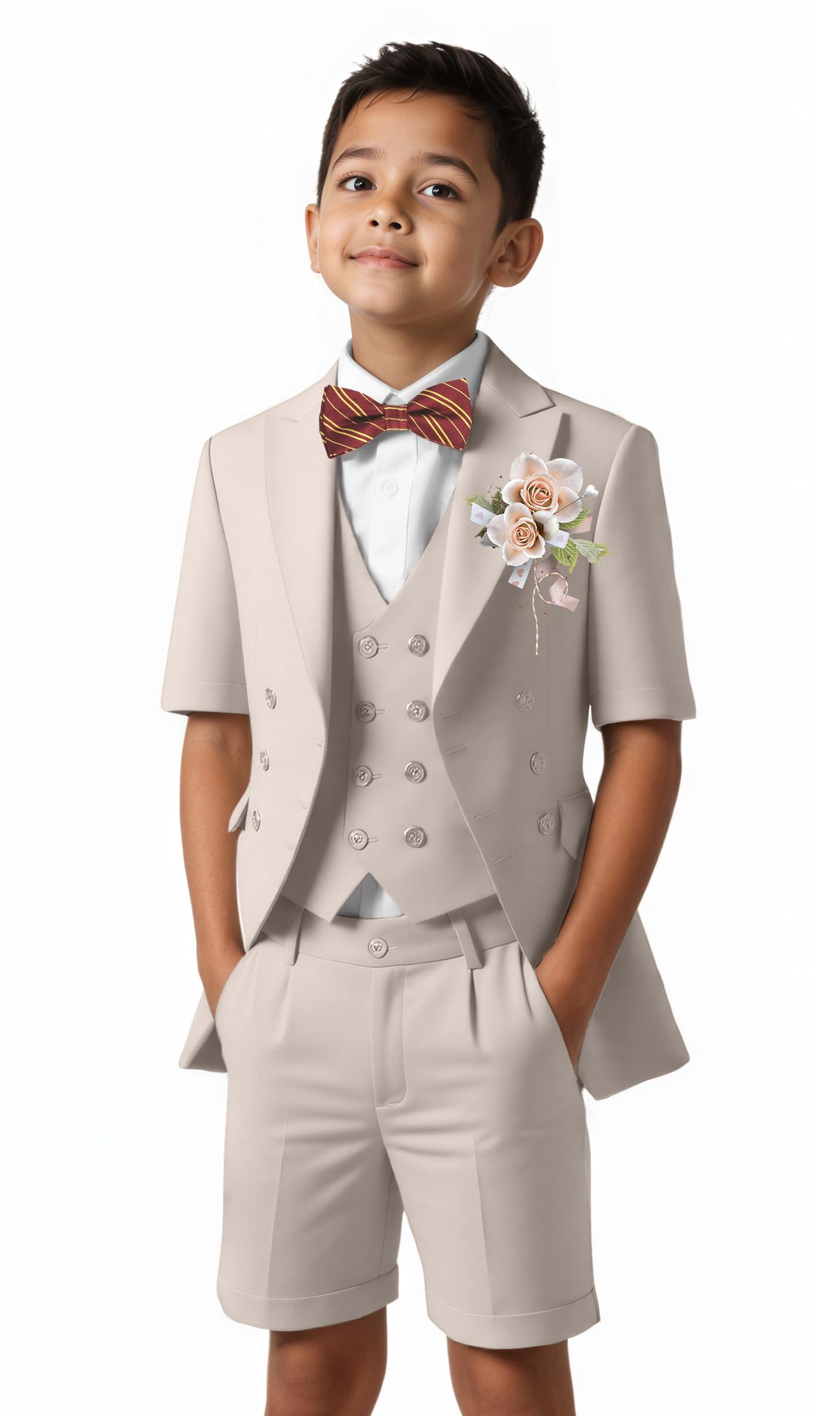 Short Suits for Boys Kid 6 Pieces Summer Tuxedo Formal Suit Beach Wedding Outfit for Teens Jacket Vest Shorts Pants Set
