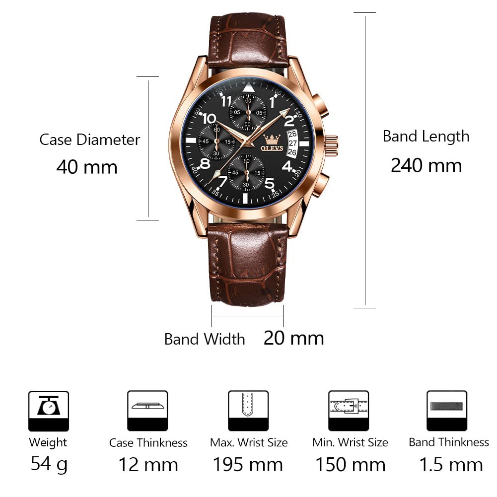 OLEVS Men's Casual Leather Watch, Big Face Chronograph Watch for Men, Fashion Easy to Read Dress Watch, Men's Waterproof Luminous Date Analog Watch, Gold/Black/White/Blue Dial