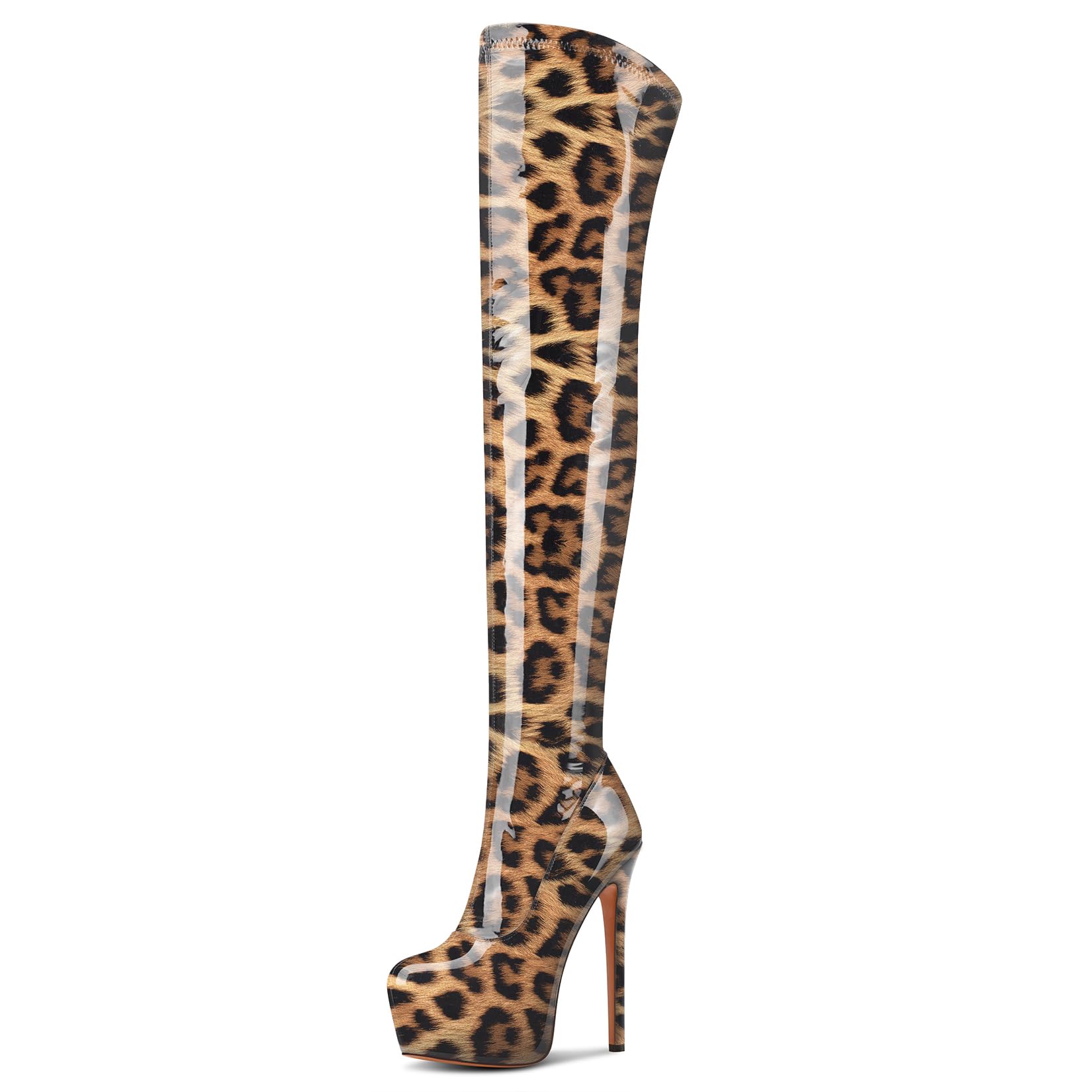 Aachcol Patent Leather Over The Knee Stiletto Boots Platform Thigh High Boots Round Toe Side Zipper Sexy Dress High Heel Boots 5.9 Inches Heels