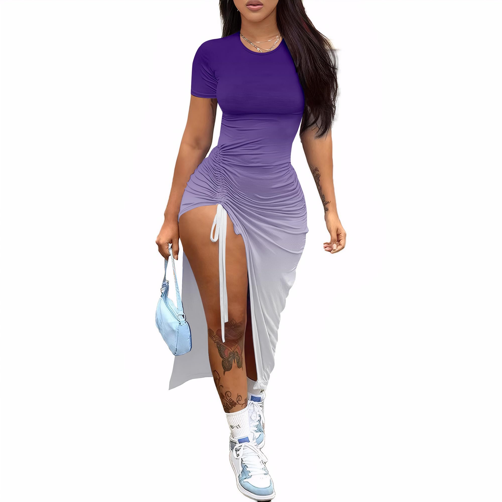 Nimsruc Women Sexy Summer Dresses Short Sleeve Thigh-high Slit Ruched Bodycon Maxi Club Cocktail Party Dress