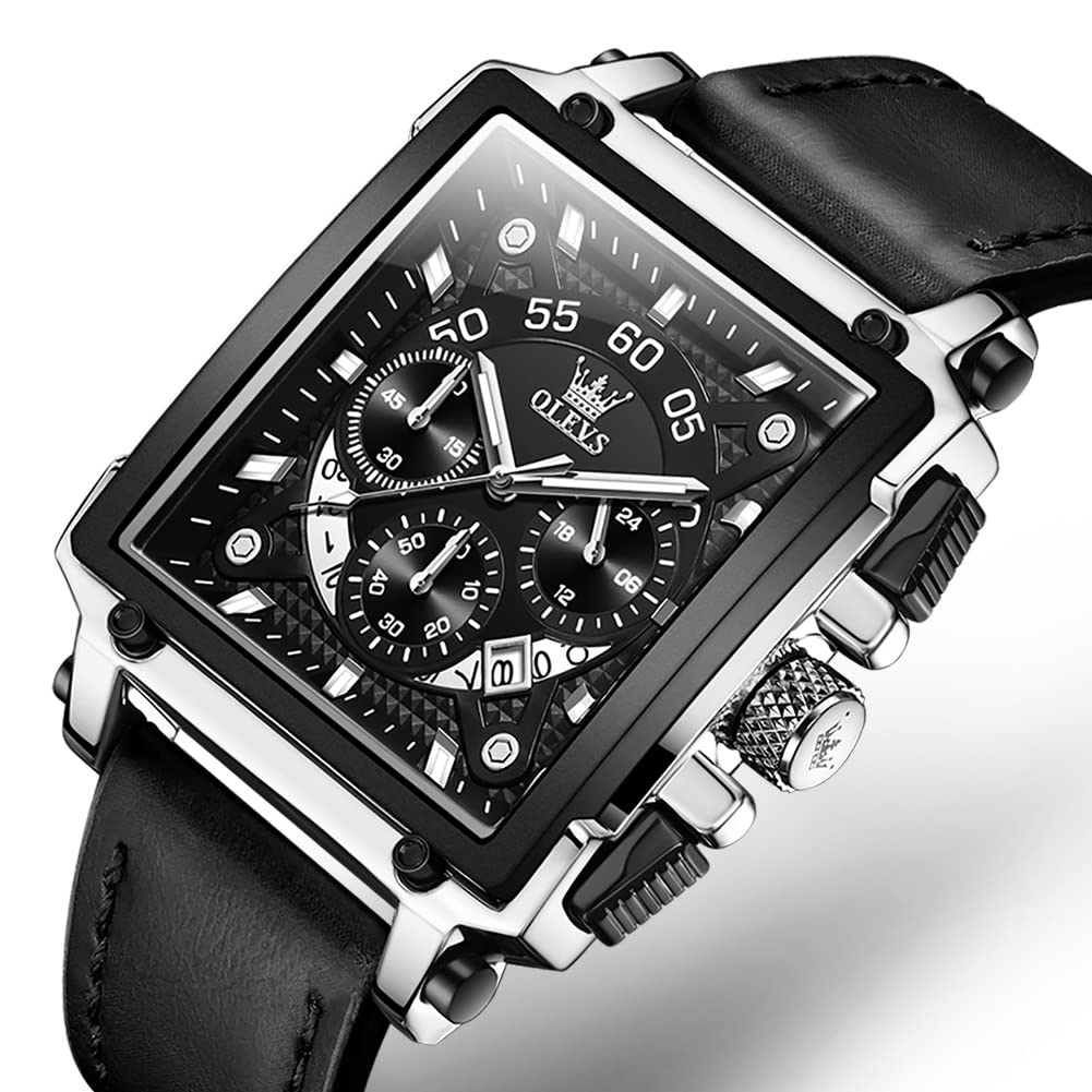 OLEVS Men's Casual Leather Watch, Big Face Chronograph Watch for Men, Fashion Easy to Read Dress Watch, Men's Waterproof Luminous Date Analog Watch, Gold/Black/White/Blue Dial