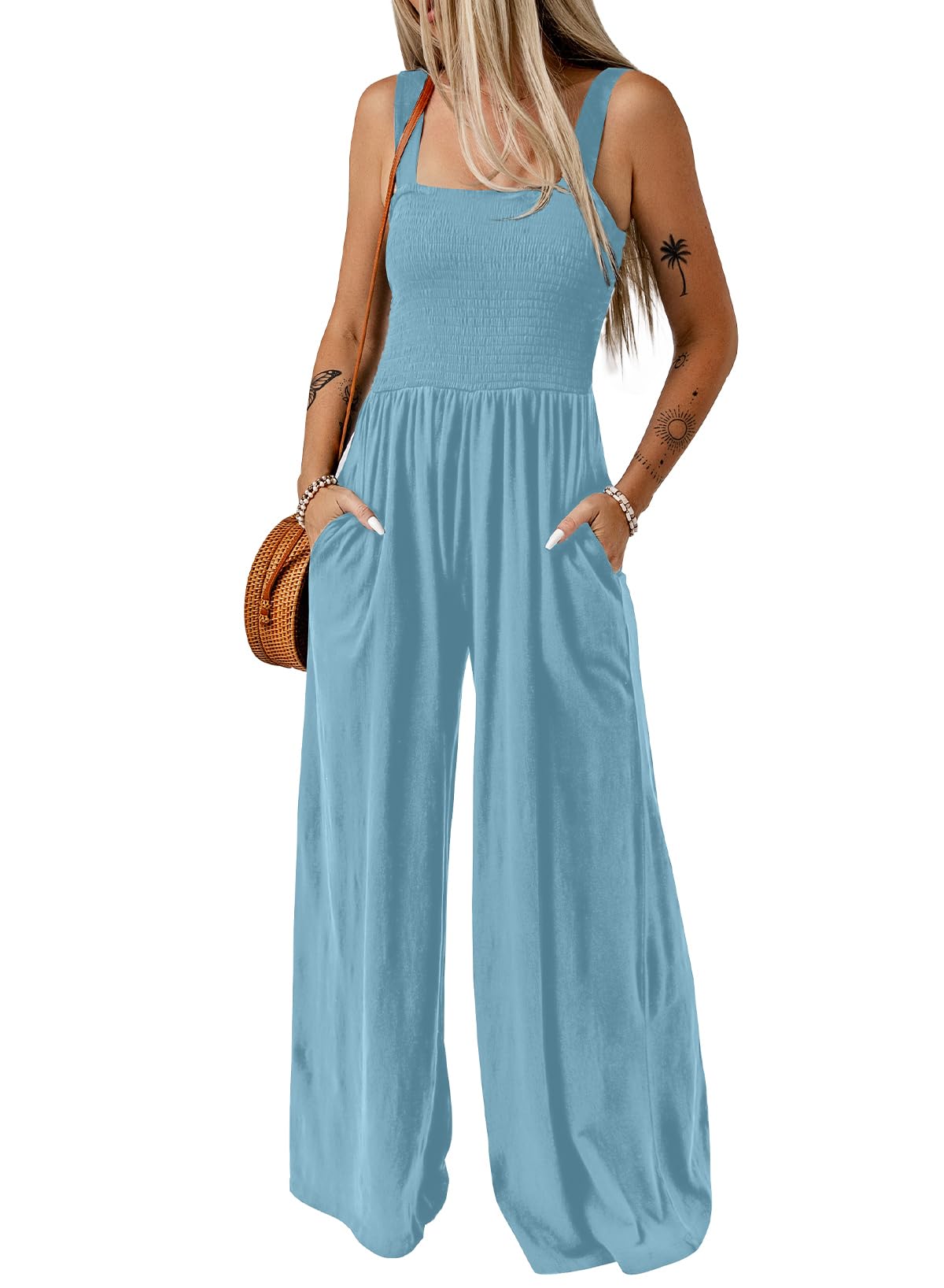 Dokotoo Women's Casual Loose Overalls Jumpsuits One Piece Sleeveless Wide Leg Long Pant Rompers With Pockets