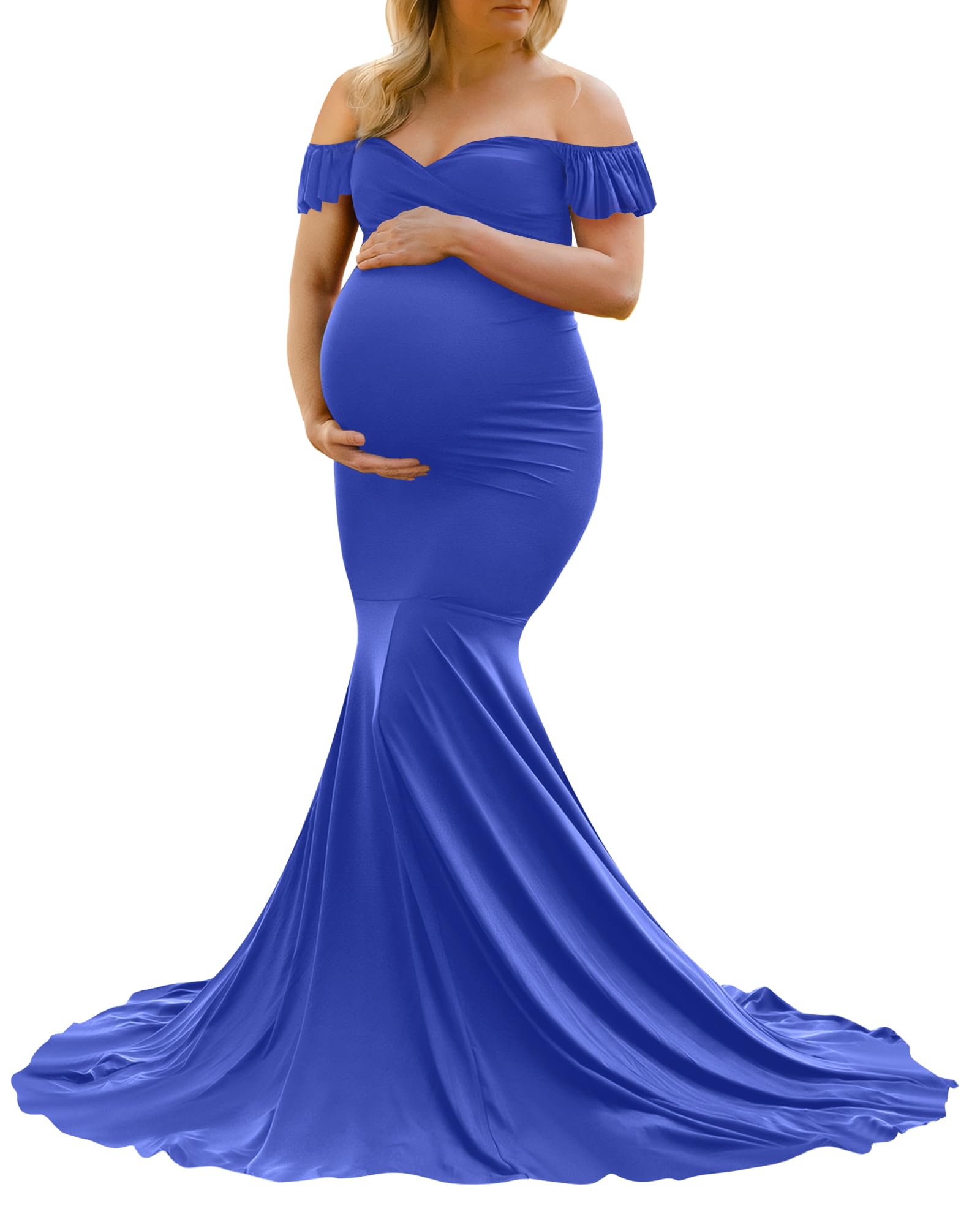 Saslax Off Shoulder Ruffle Sleeves Elegant Fitted Maxi Maternity Dress for Photoshoot Baby Shower