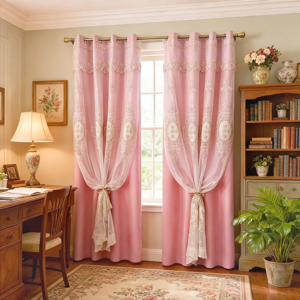 Amidoudou 1 Pair European Double Layer Curtains with Valances for Living Room Bedroom Luxury 3D Flower Embroidered Curtains (Yellow,52x96 Inch)
