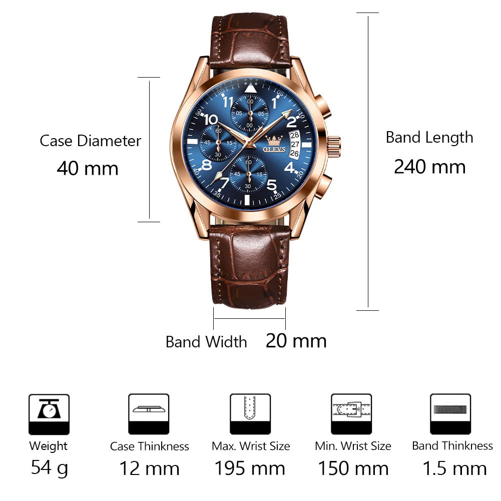 OLEVS Men's Casual Leather Watch, Big Face Chronograph Watch for Men, Fashion Easy to Read Dress Watch, Men's Waterproof Luminous Date Analog Watch, Gold/Black/White/Blue Dial