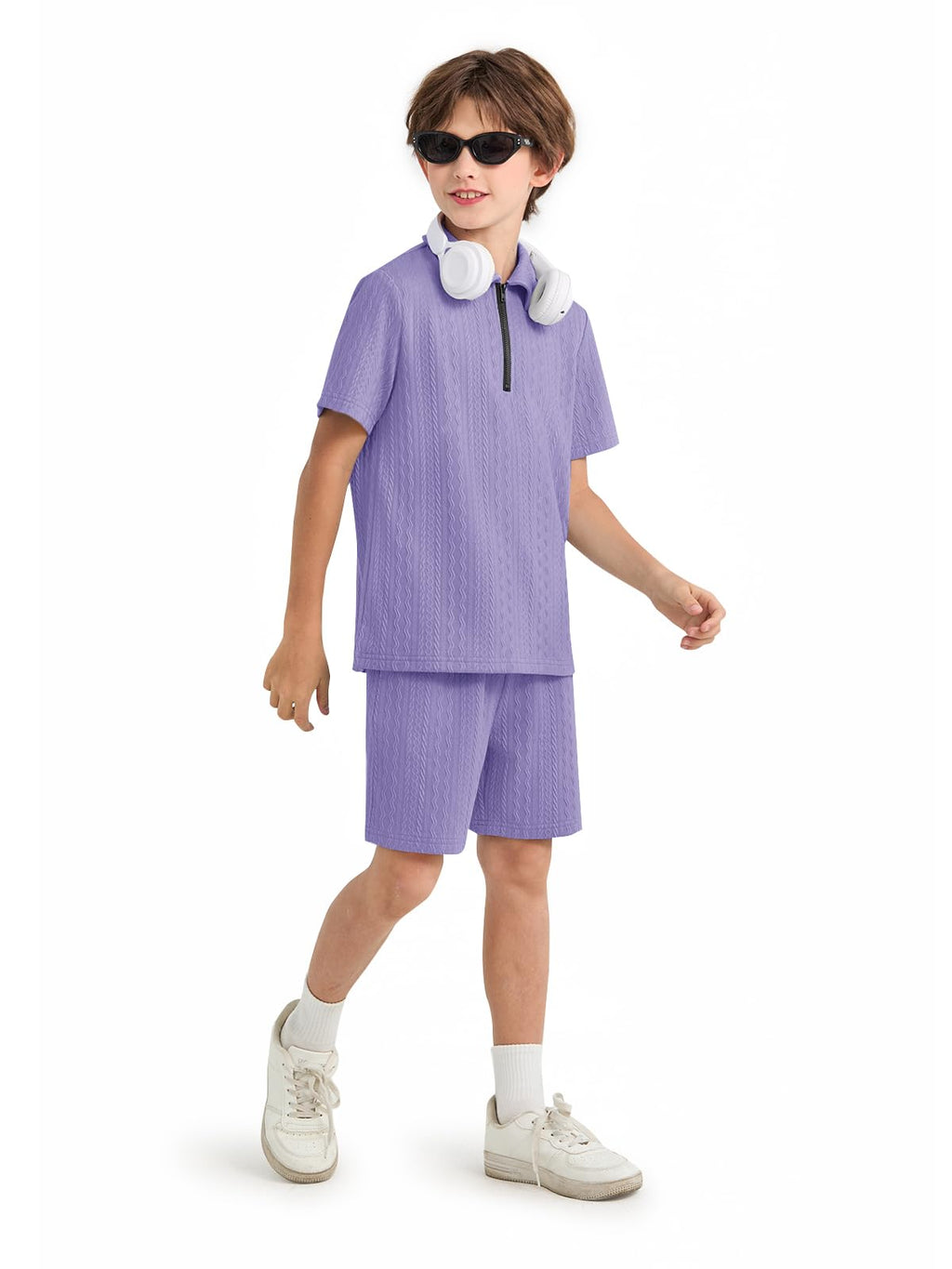 Haloumoning Boys 2 Piece Summer Outfits Kids Quarter Zip Polo Shirt and Shorts Set Athletic Tracksuit 5-14 Years