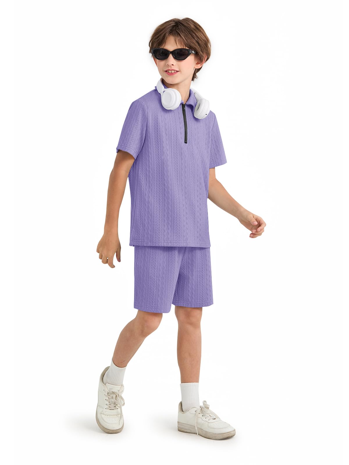 Haloumoning Boys 2 Piece Summer Outfits Kids Quarter Zip Polo Shirt and Shorts Set Athletic Tracksuit 5-14 Years