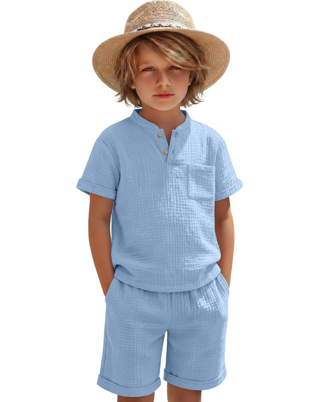 Boys 2 Piece Cotton Outfits 5-14Y Short Sleeve Button Down Shirt Shorts Pockets Summer Clothes Henley Casual Set