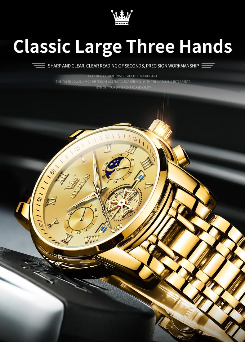 OLEVS Watches Men Waterproof Luxury Big Face Mens Watch Stainless Steel Quartz Analog Dress Watches for Men Luminous Multifunction Man Watch Relojes De Hombre