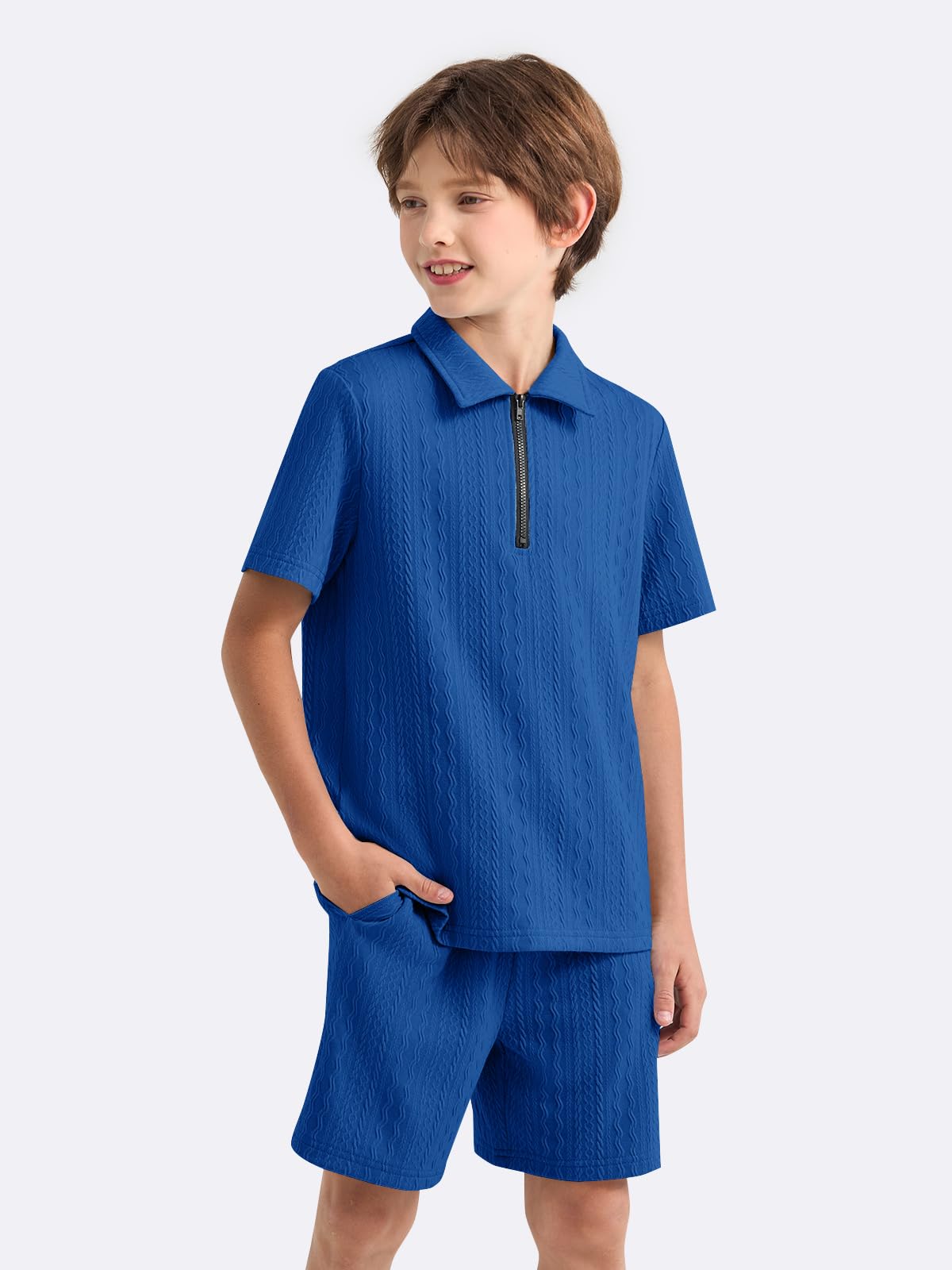 Haloumoning Boys 2 Piece Summer Outfits Kids Quarter Zip Polo Shirt and Shorts Set Athletic Tracksuit 5-14 Years