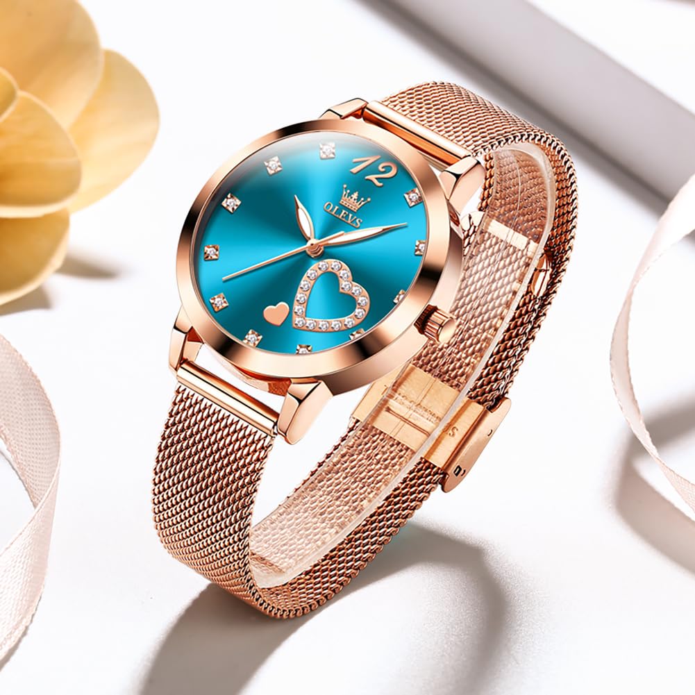 OLEVS Rose Gold Watch for Women Mesh Strap Fashion Dress Hearts Japanese Quartz Waterproof Luminous Ladies Watches Bracelet Sets