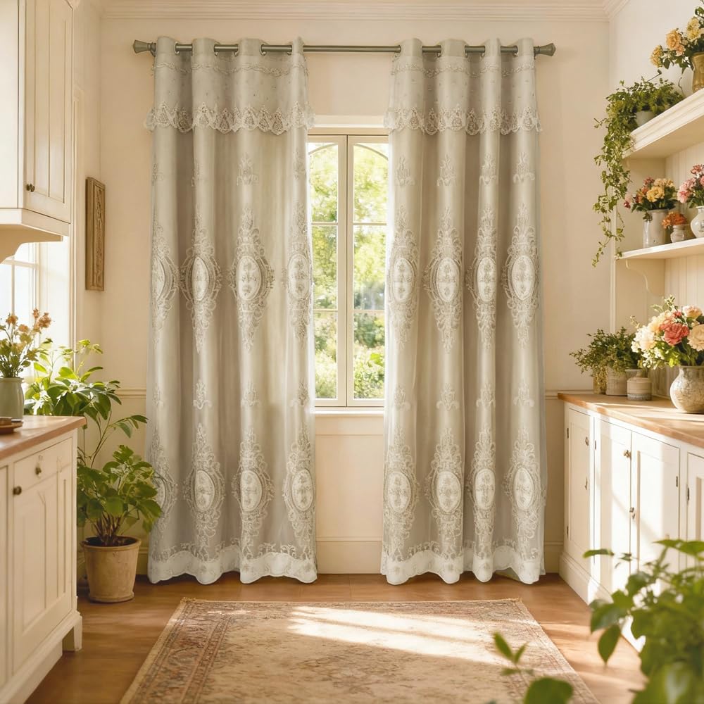 Amidoudou 1 Pair European Double Layer Curtains with Valances for Living Room Bedroom Luxury 3D Flower Embroidered Curtains (Yellow,52x96 Inch)