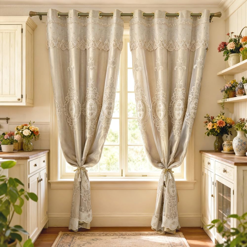 Amidoudou 1 Pair European Double Layer Curtains with Valances for Living Room Bedroom Luxury 3D Flower Embroidered Curtains (Yellow,52x96 Inch)