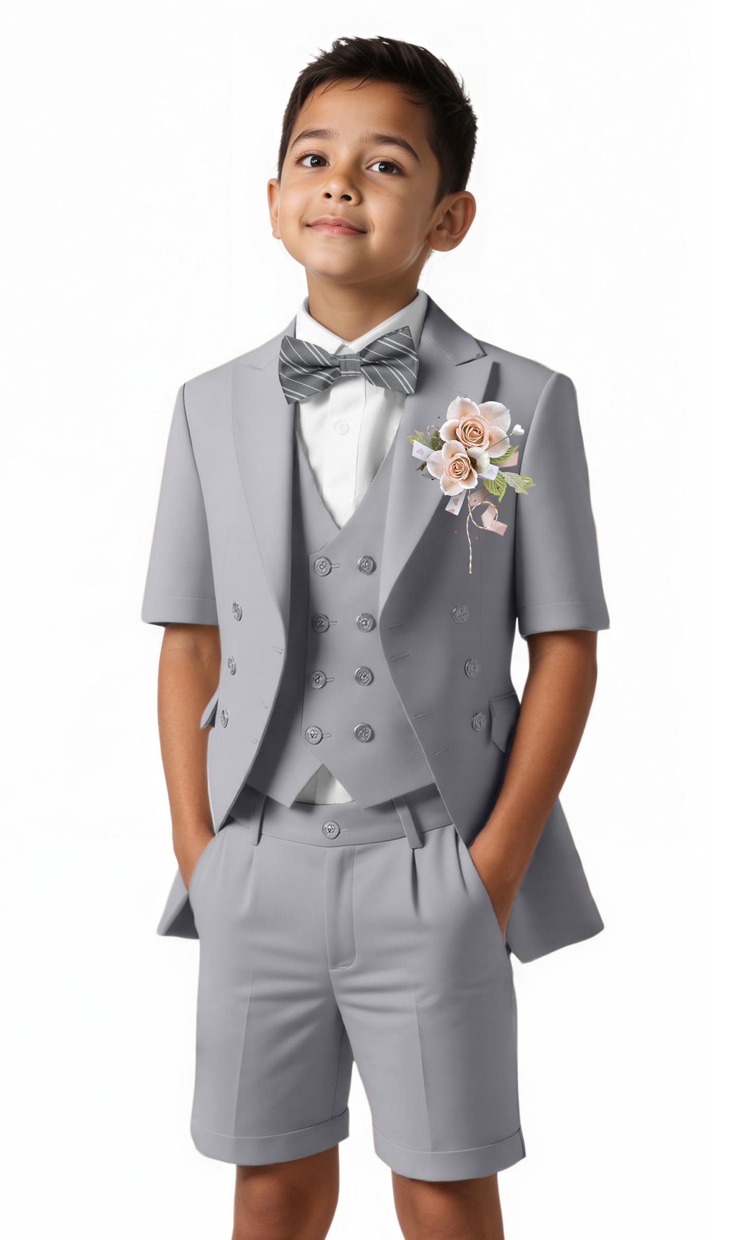 Short Suits for Boys Kid 6 Pieces Summer Tuxedo Formal Suit Beach Wedding Outfit for Teens Jacket Vest Shorts Pants Set