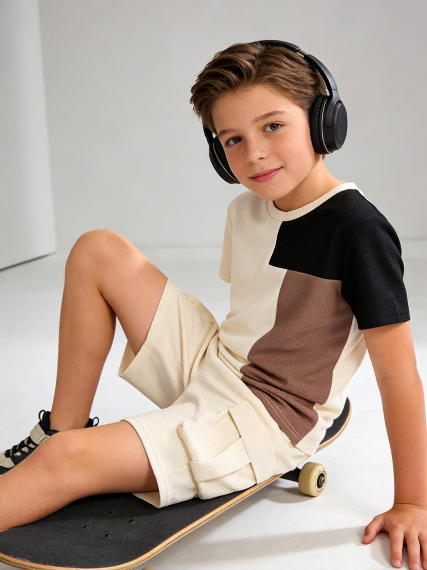 Azmxynol Tween Boys Clothes Daily Casual Short Sleeve Top + Cargo Shorts 2 Pieces Outfit Set, Size 6-14 Years