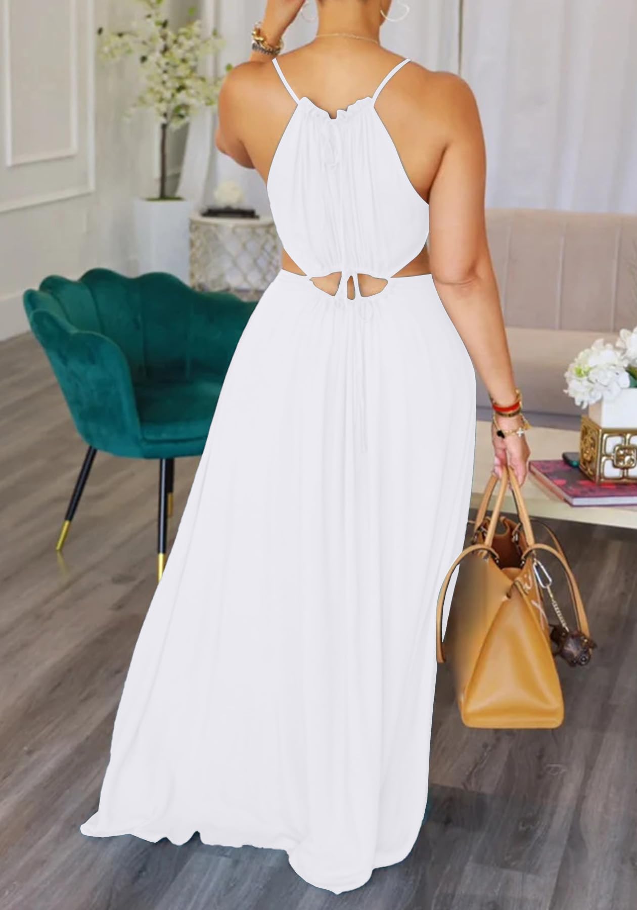 Geulis 2026 Women Summer Beach Dresses Sexy Cut Out Sleeveless Spaghetti Strap Halter Dress Flowy Maxi Vacation Dress