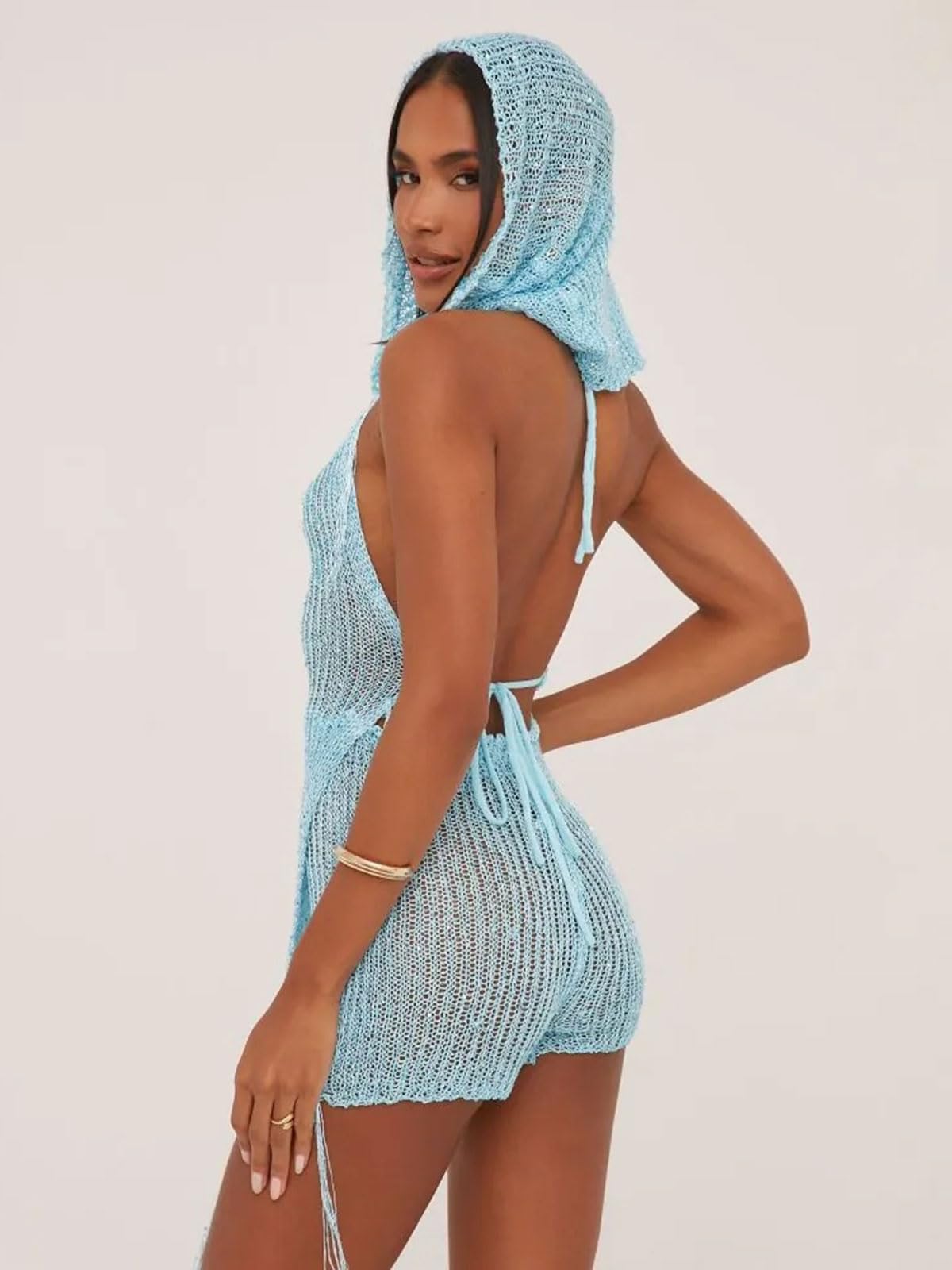 KANSOON Sexy Two Piece Outfits for Women Sequin Knit Backless Irregular Halter Top Crochet Shorts Set with Matching Rave Hood