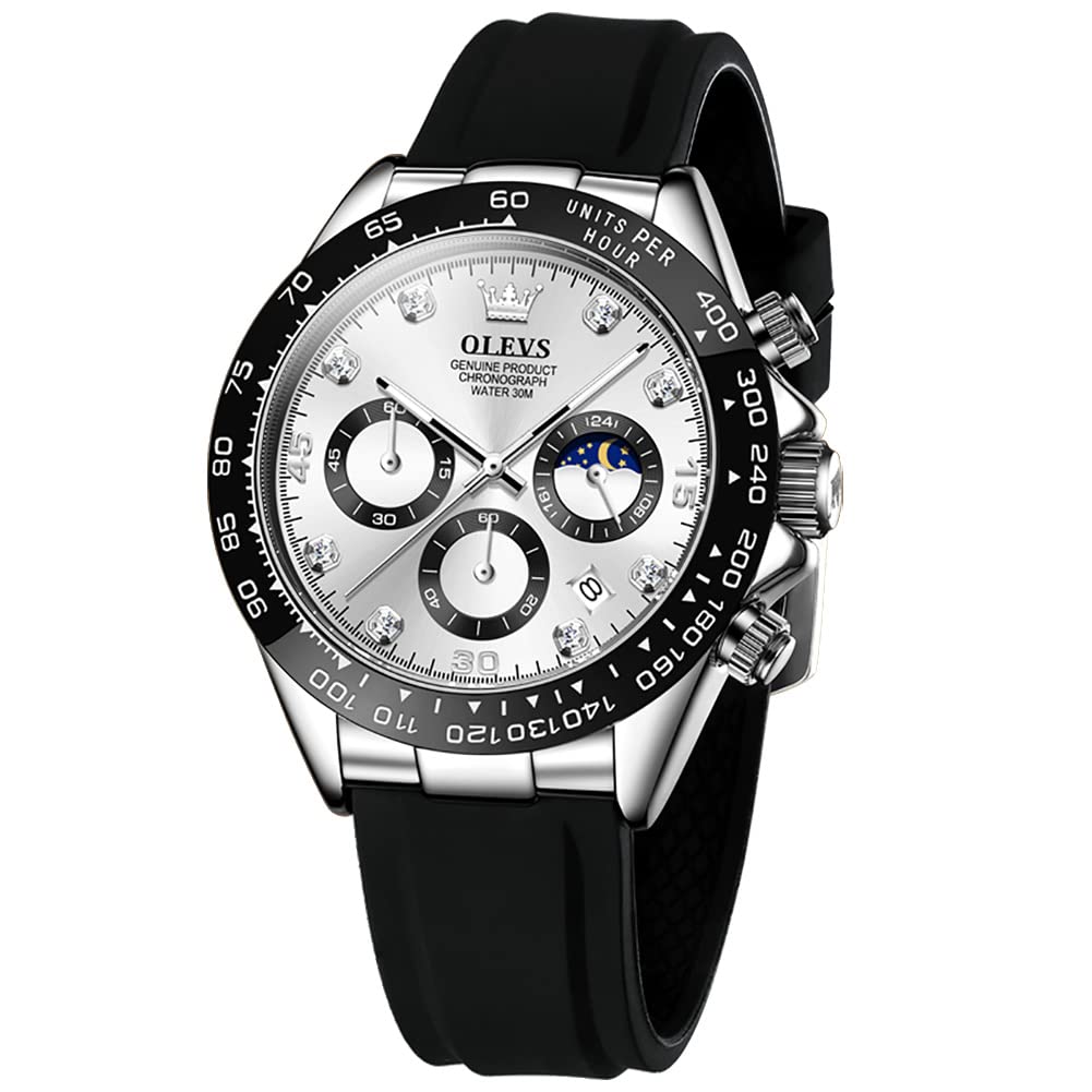 OLEVS Men Analog Quartz Waterproof Watches Multifunction Chronograph Diamond Moon Phase Luminous Silicone Band Wrist Watches